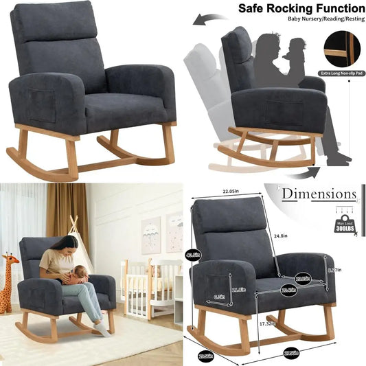 Contemporary Upholstered Glider Rocking Chair for Nurseries with High Backrest Support for Moms