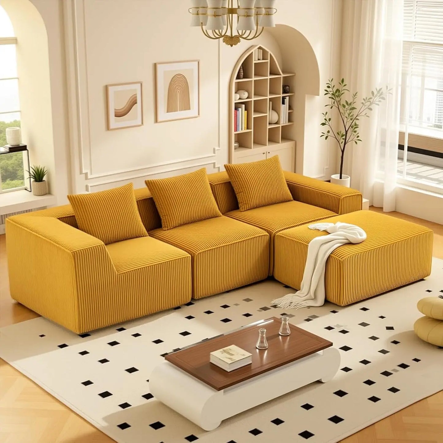 111.5" Cloud Couch, Modular Boneless Sectional Sofa for Living Room & Bedroom, Deep Seat 3-Seater Corduroy Modular Sofa Couch