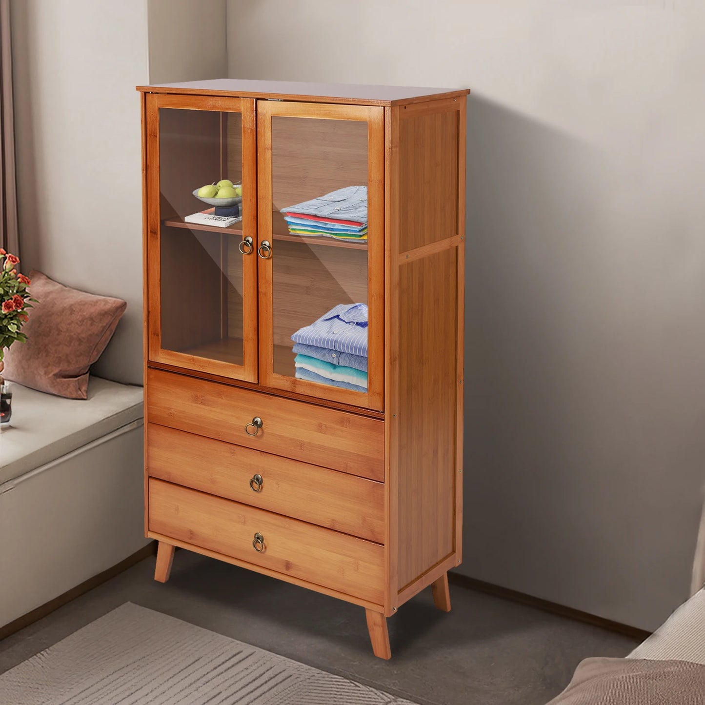 5-Tiers Bamboo Kitchen Buffet Hutch Storage Cupboard Cabinet 60*29*110cm Server Sideboard With Drawer