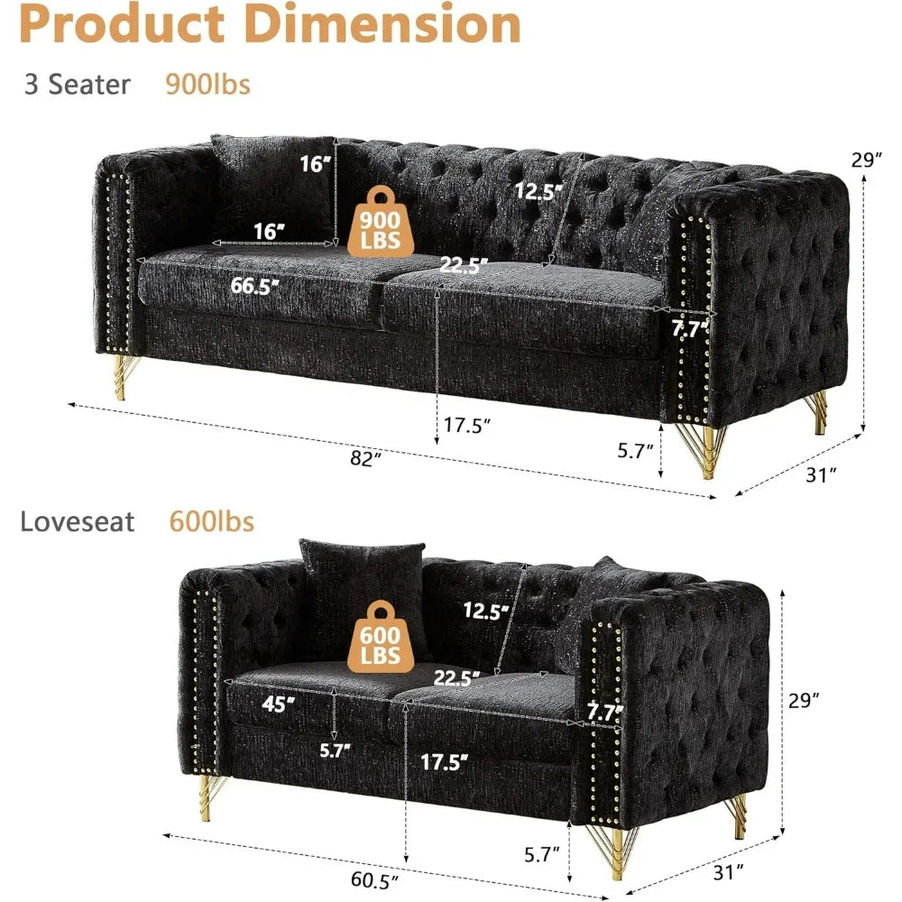 Luxury Sofa Set for Living Room, Modern Decor Furniture Sectional Sofa, 3 Seater Couch and Loveseat with Copper Nail Decoration