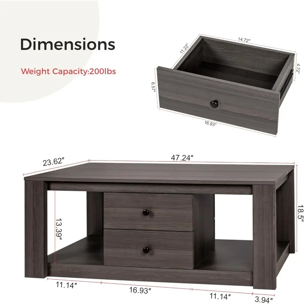 Coffee Table,Modern Wooden Rectangle Coffee Tables with Storage,2 Drawer Center Table for Living Room