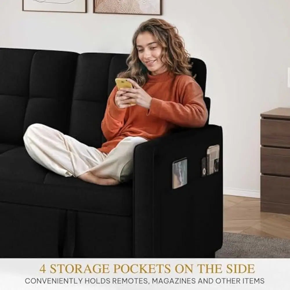 55" Convertible Sofa Bed, 3-in-1 Sleeper Sofa with Pull-Out Bed, Linen Futon Couch with Side Pocket and Adjustable Backrest