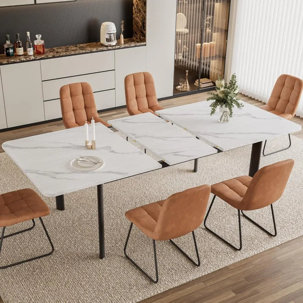Extendable Dining Table Set for 6-8 People, 63 to 78.7 Inch MDF Kitchen Table with 6 Upholstered Chairs, Space-Saving for Dining