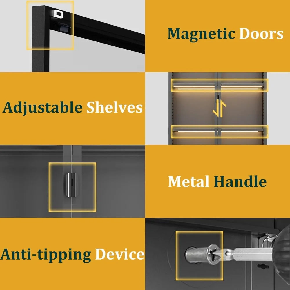 Display Cabinet with Glass Doors and LED Lights, Glass Display Cabinet with 3 Adjustable Shelves, 4 Tier of Storage Space Curio