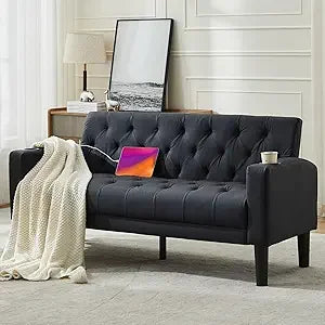 62" W Loveseat Sofa w/ 2 USB Charger Ports and 2 Cupholders, Mid-Century Modern Tufted Pink Velvet Small Love Seat Couches for