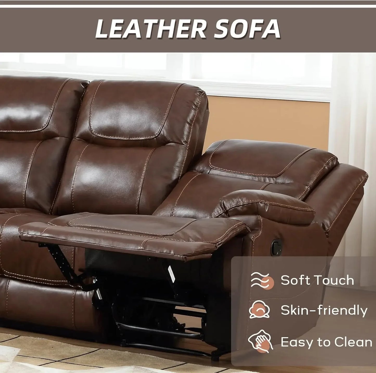 Genuine Leather Manual Recliner Sofa Set, Loveseat Reclining Sofa and 3 Seat Sofa, Couch Furniture Set for Living Room
