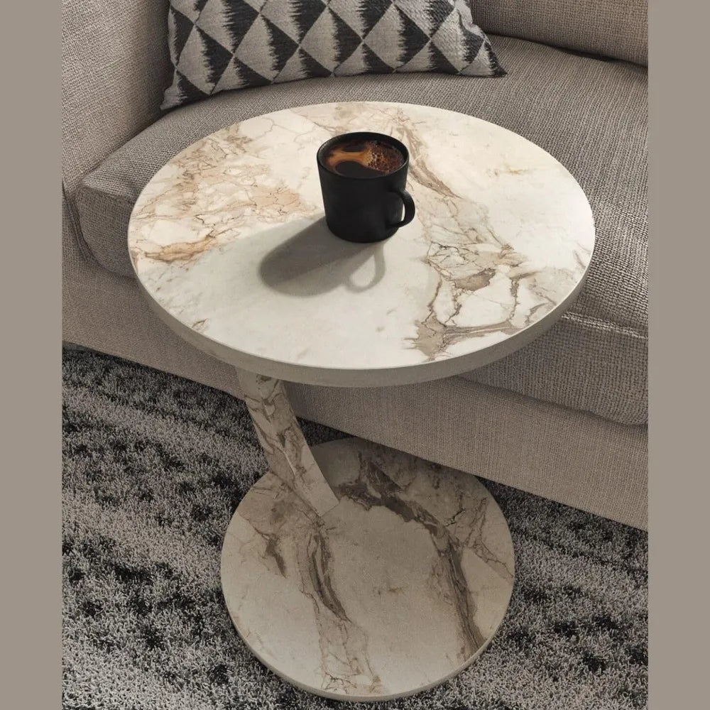C Shaped End Table for Couch Small Places, Faux Marble White Space Saver Round Side Table for Sofa and Bedside with Wheels, Coff