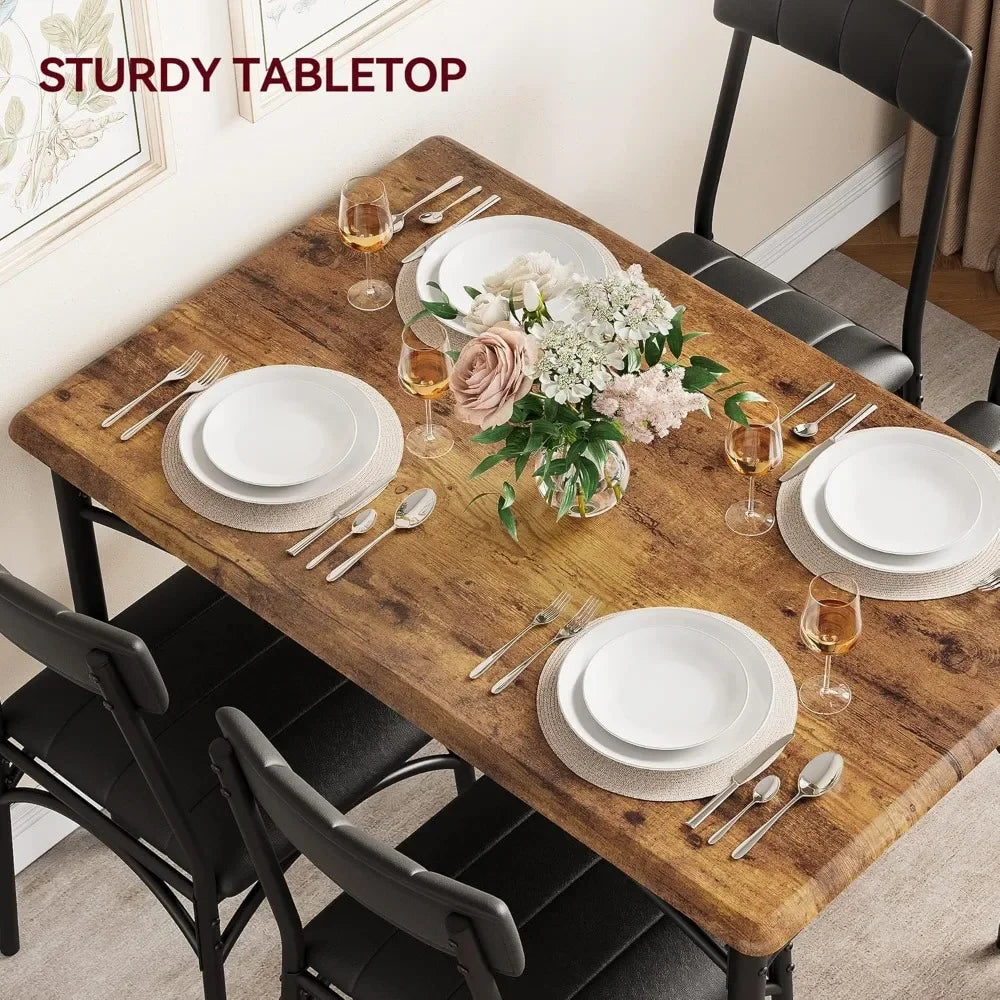 4 Person Dining Table Set with Cushioned Chairs, Kitchen Dining Table Set, Metal and Wood Rectangular Dining Table