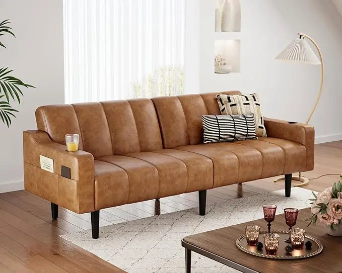 80'' Futon Sofa Bed, Faux Leather Sleeper Couch, Convertible Loveseat with Adjustable Sofa Backrest, Modern Couches for Living