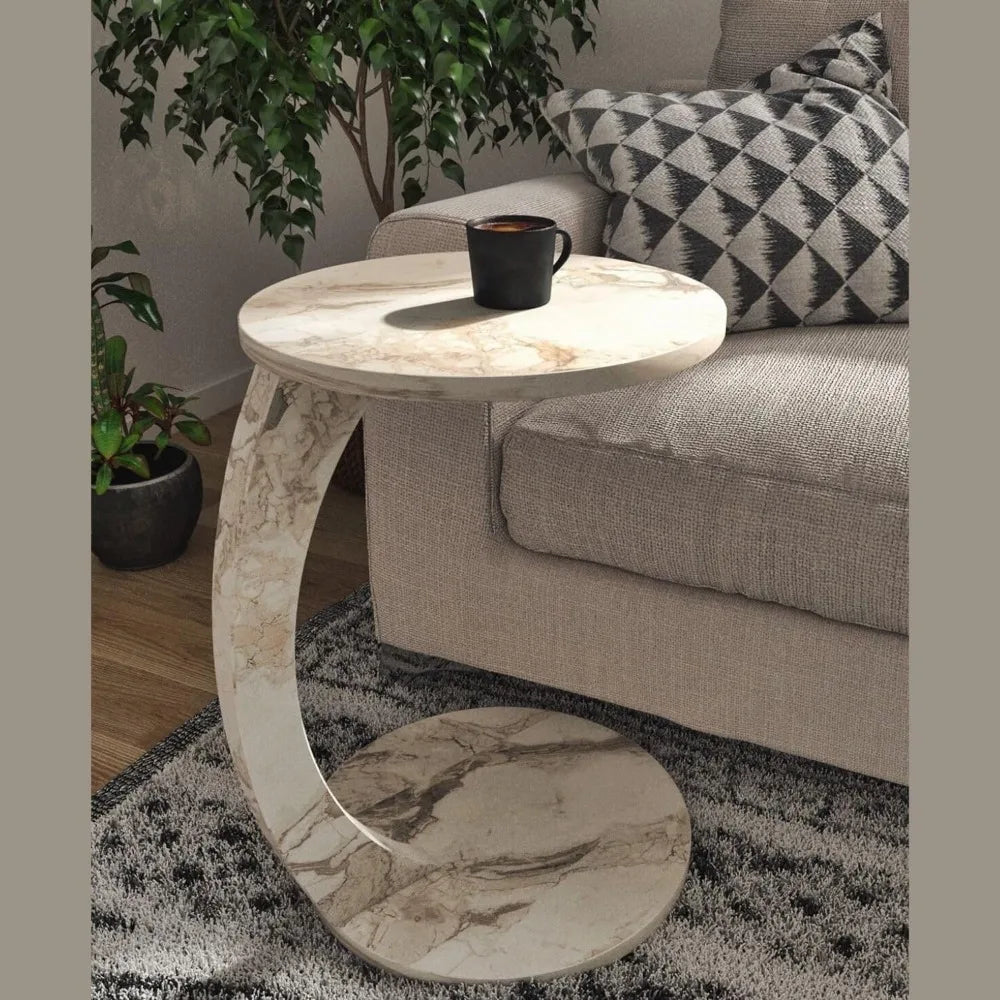 C Shaped End Table for Couch Small Places, Faux Marble White Space Saver Round Side Table for Sofa and Bedside with Wheels, Coff