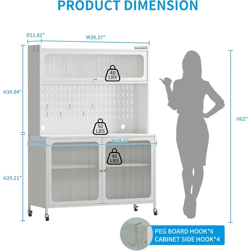 Kitchen Bakers Rack with Flip Door Cabinet, Metal Microwave Stand with Storage Cabinet and Metal Pegboard Panels for Kitchen