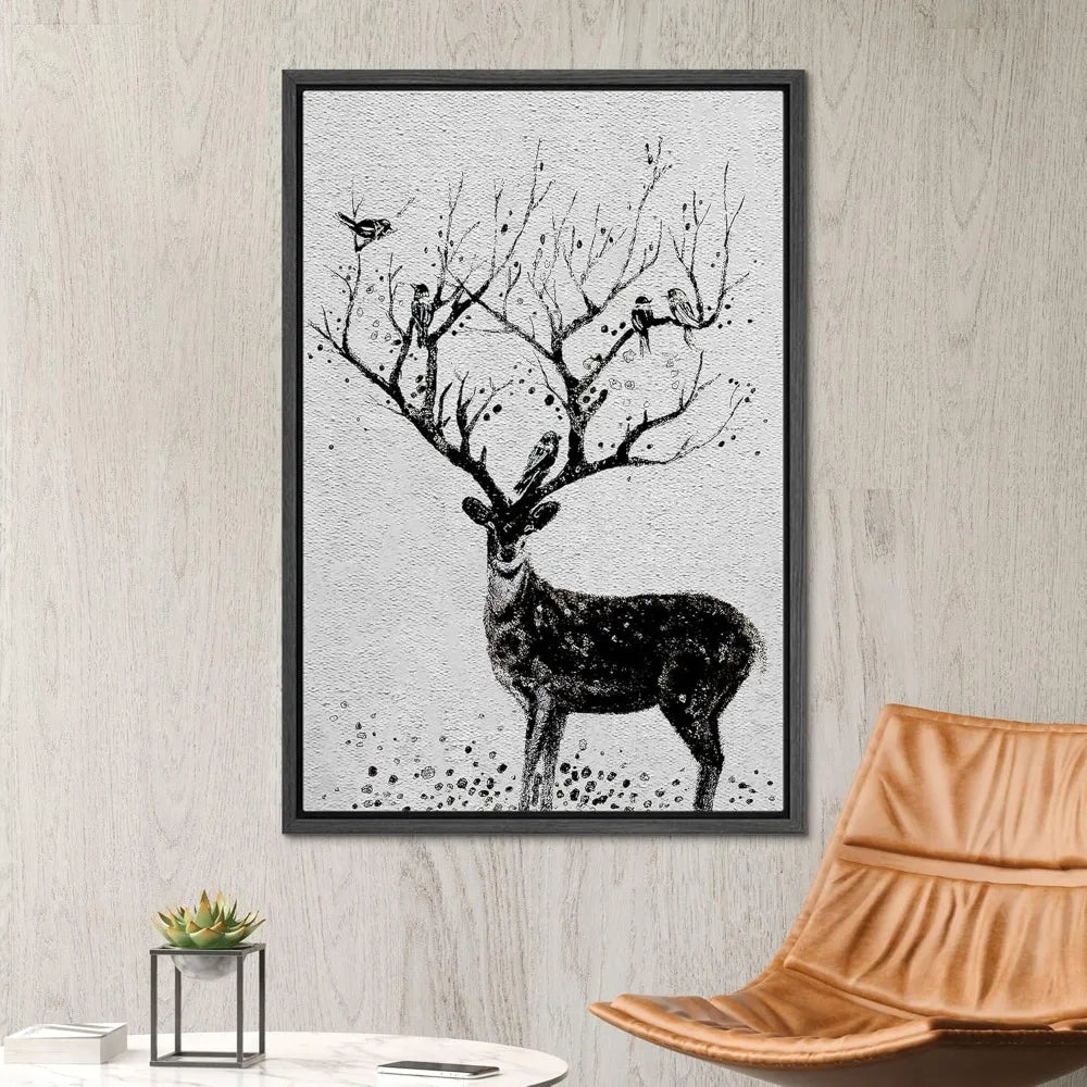 Modern Chic Wall Art: Framed Black and White Deer Canvas with Birds on Antlers Wildlife Scene
