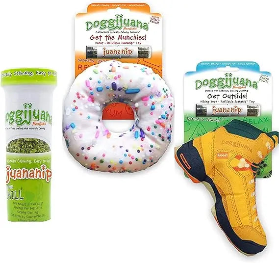 Doggijuana Get Outside Hiking Boot and Get The Munchies Donut / Refillable Catnip Dog Toys / Juananip Refill Bottle / Promotes P