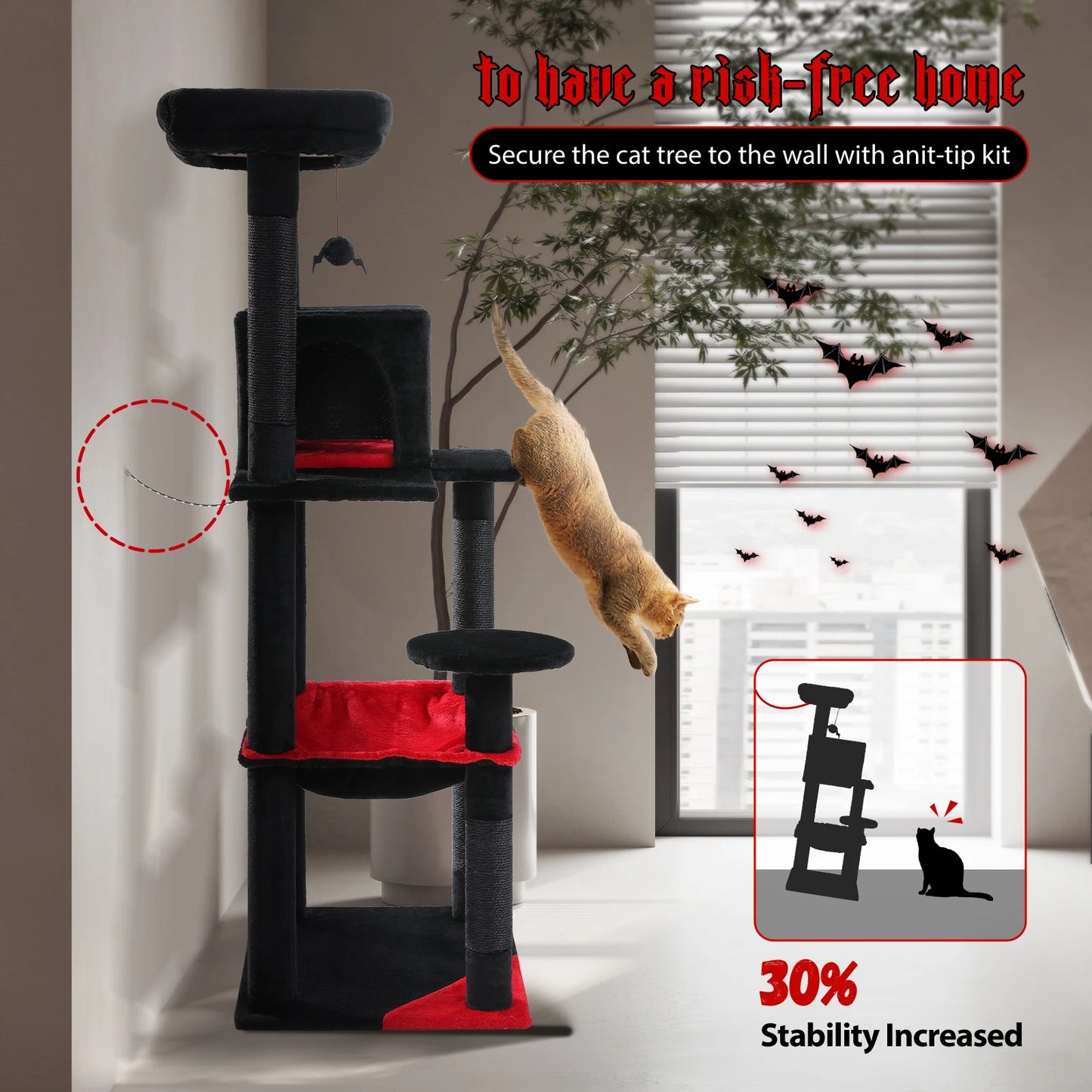 Gothic Cat Tree for Indoor Cats, Tall Cat Tower with Super Large Hammock, Sisal Covered Scratching Post Cozy Condo Top Perch