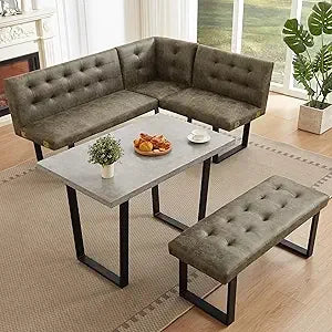 3 Piece Dining Table Set with Bench, 42.9 Inch Modern Kitchen Table with Left Seat Corner and 43.3 Inch Bench for Family Dining