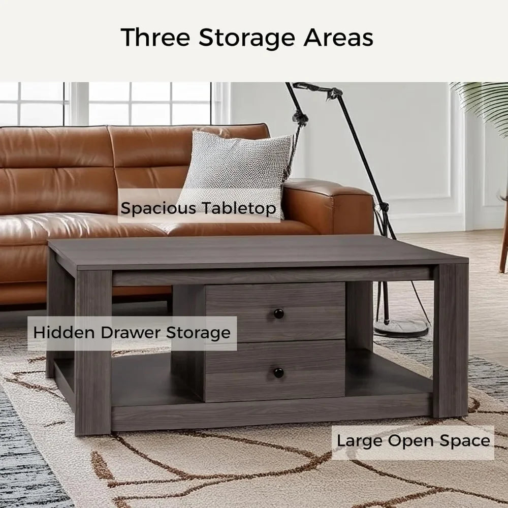 Coffee Table,Modern Wooden Rectangle Coffee Tables with Storage,2 Drawer Center Table for Living Room