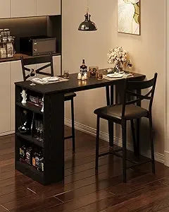 3 Piece Bar Table Set for 2, Bar Table and Chairs Set with with Flip Top Extension, Dining Table Set with Storage Shelves, Suit