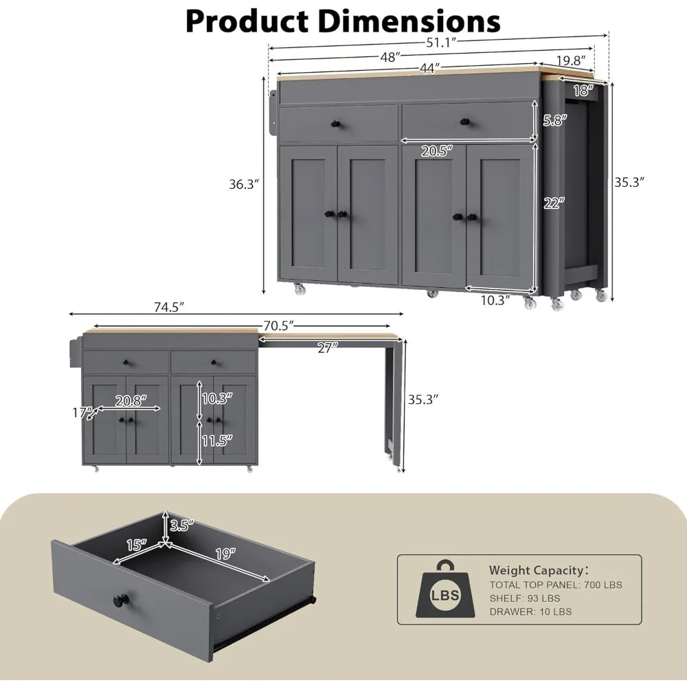 74.5" Kitchen Island with Extendable Dining Table,Rolling Kitchen Island on Wheels, Storage Cart with 4 Door Cabinet, Spice Rac