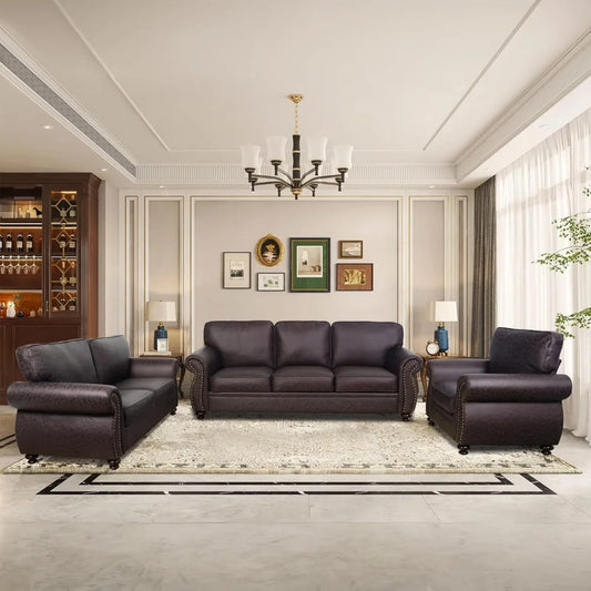 Living Room Furniture Sets,Sofa Sets and Couch Sets for Living Room,Mid-Century Vintage Sofa Couches with Rivet Design (Brown, S