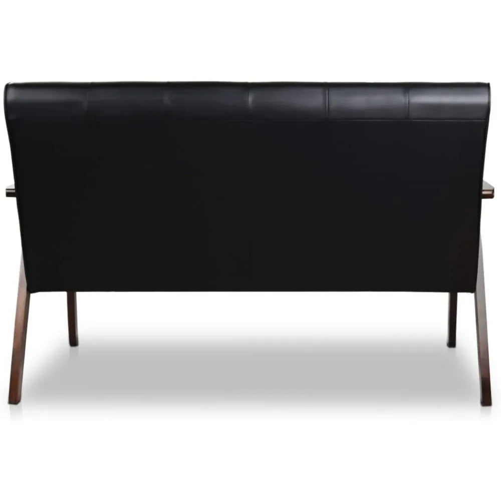 Mid-Century Modern Solid Loveseat Sofa Upholstered Faux Leather Couch 2-Seat Wood Armchair Living Room/Outdoor Lounge