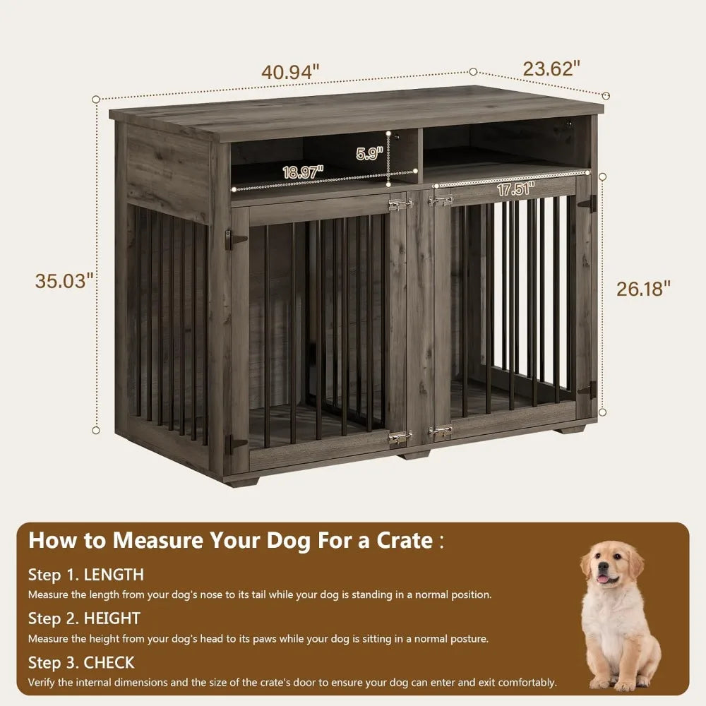 Furniture Dog Crate for 2 Dogs, 41 Inch Dog Kennel Furniture with Removable Divider and Shelf Storage, Wooden Dog Crate for Smal