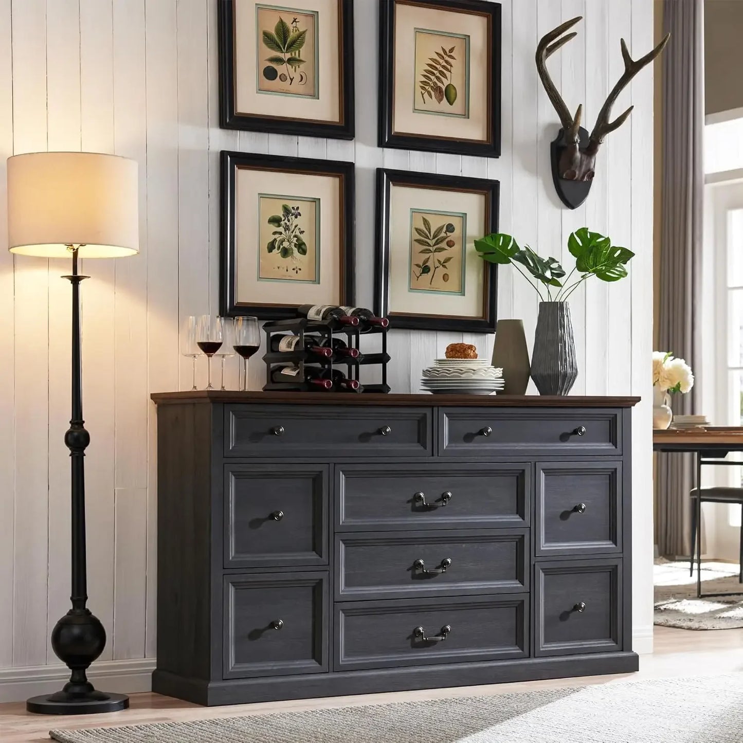 Farmhouse Buffet Cabinet, 60" Storage Cabinet w/9 Drawers, Large Wood Rustic Sideboard Cabinet w/Three Drawer Sizes