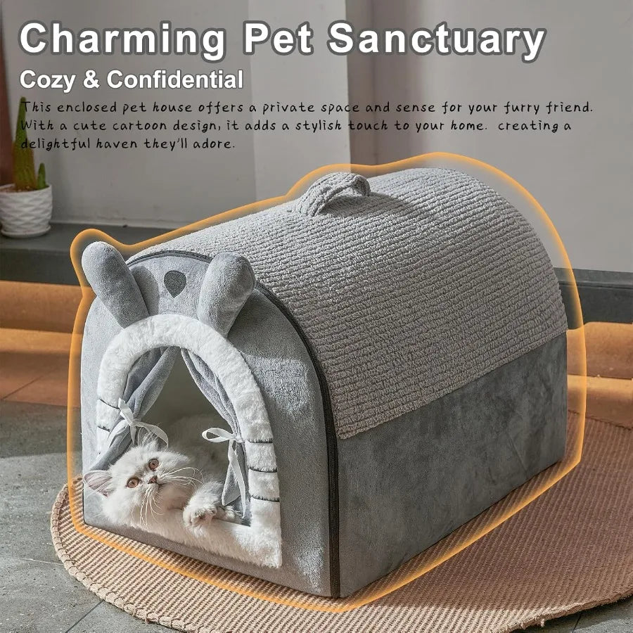 Cat Houses for Indoor Cats Cave Bed with Door Curtain Design Cute Portable Beds with Reversible Washable Cushion S Size Soft Ki