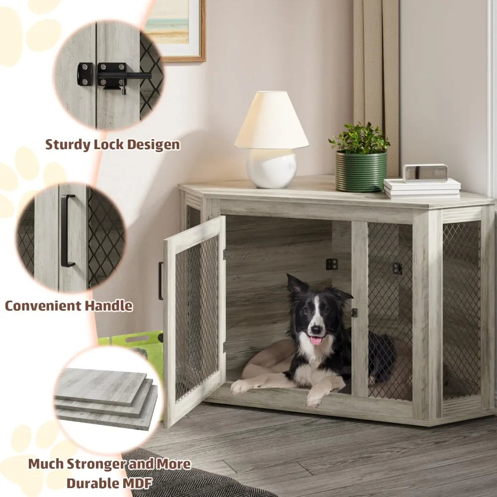 52 inch Corner Dog Crate Furniture, Wooden Dog Kennel Furniture with Mesh, Decorative Wood Dog House for Small/Medium/Large
