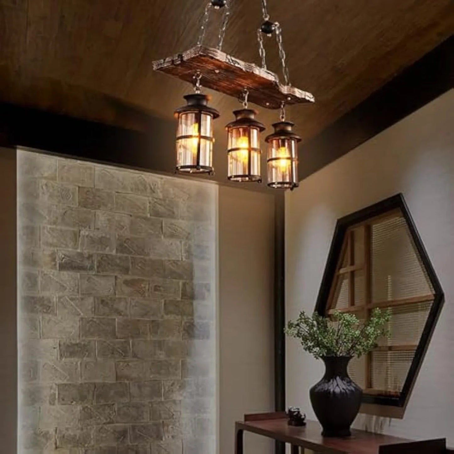 3-Light Rustic Kitchen Island Pendant Lamp Farmhouse Wood Iron Chandelier Industrial Ceiling Hanging Light with Glass Lampshade