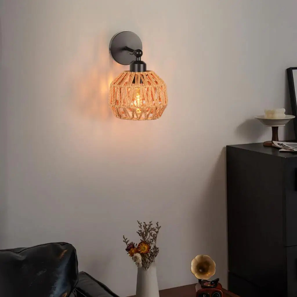Rattan Wall Lamp Bedroom Living Room Corridor Wall Light E27 Bedside Lamp Retro Hemp Rope Woven Sconce Indoor Lighting Fixtures