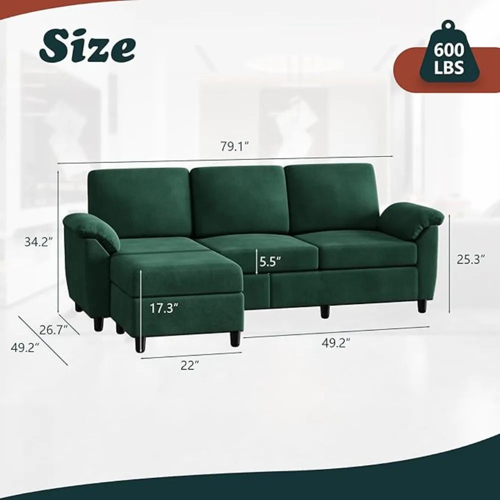 79" Convertible Sectional Sofa Couch, 3 Seat L Shaped Sofa with Removable Pillows Linen Fabric Small Couch Mid Century