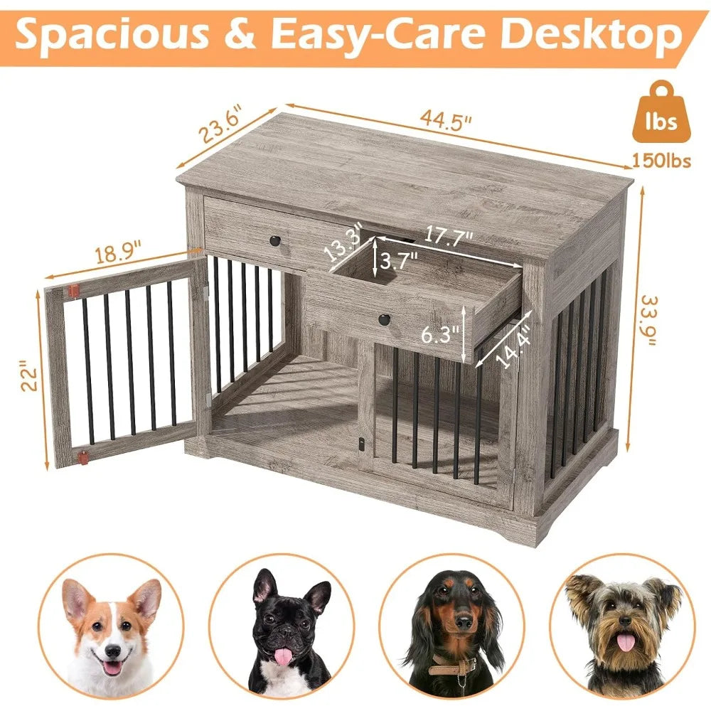 Large Wooden Dog Crate with Storage Drawers, 46 Inch Heavy-Duty Indoor Dog Kennel Furniture