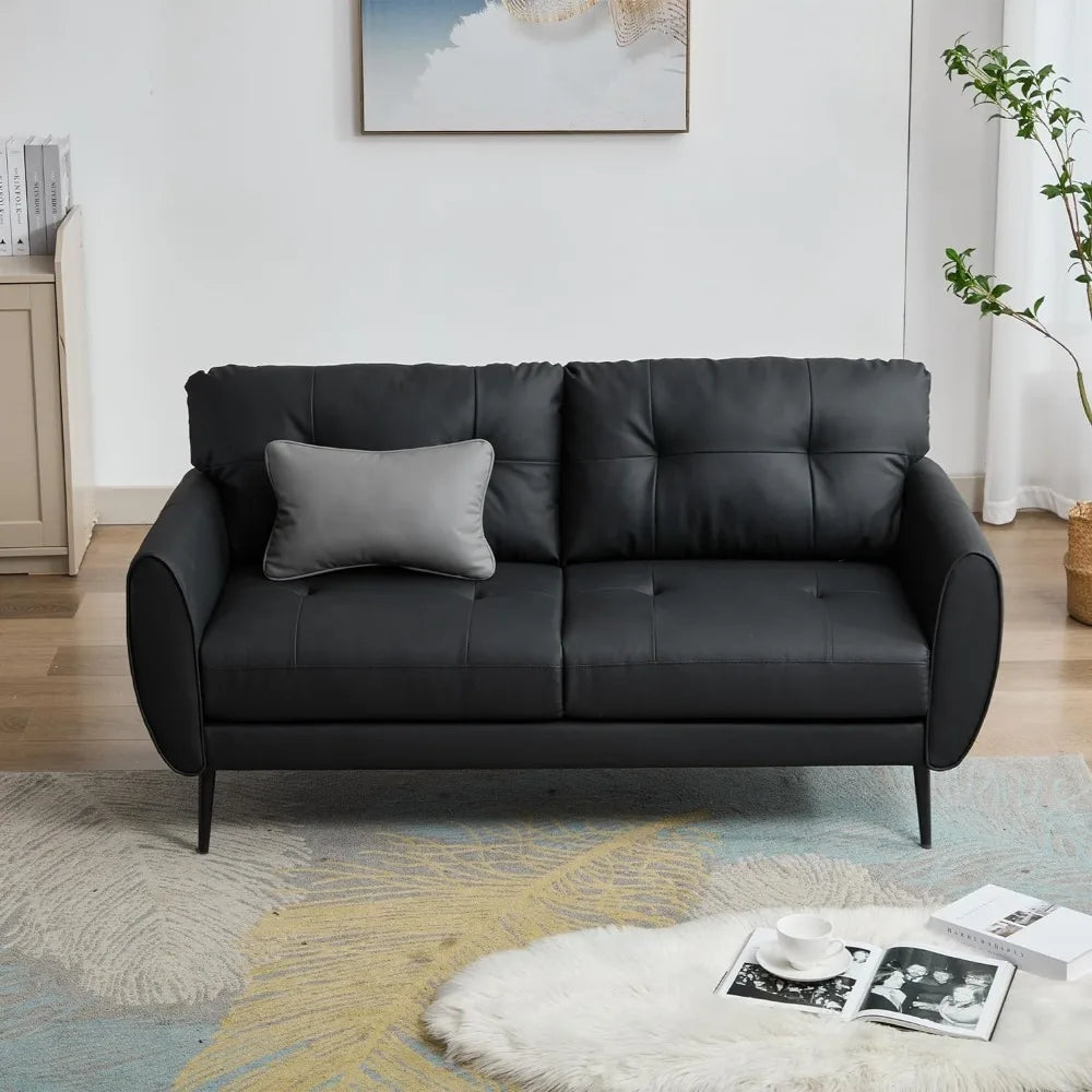 Mid-Century Modern Black Faux Leather Small Sofa, 61" Loveseat Couch for Living Room, Tufted Comfortable Mini Sofa for Office