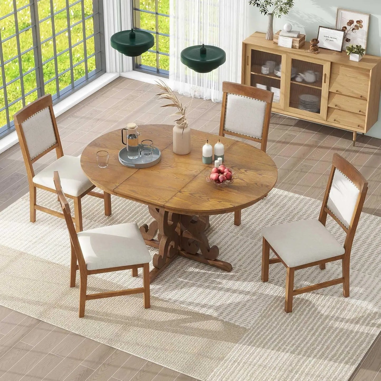 5-Piece Kitchen Table Set, Wood Round Extendable Dining Table and 4 Upholstered Dining Chairs, Farmhouse Dining Room
