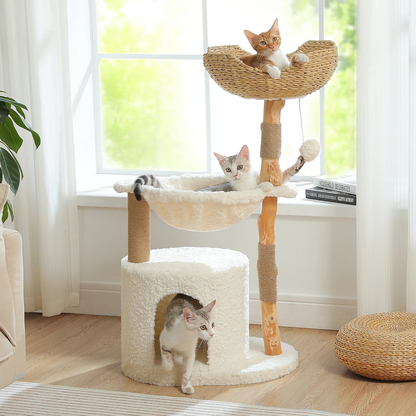 Modern Cat Tree Tower with Natural Solid Wood Scratching Posts Spacious Wicker Basket Luxury Cat Condo Bed for Indoor Cat Toys