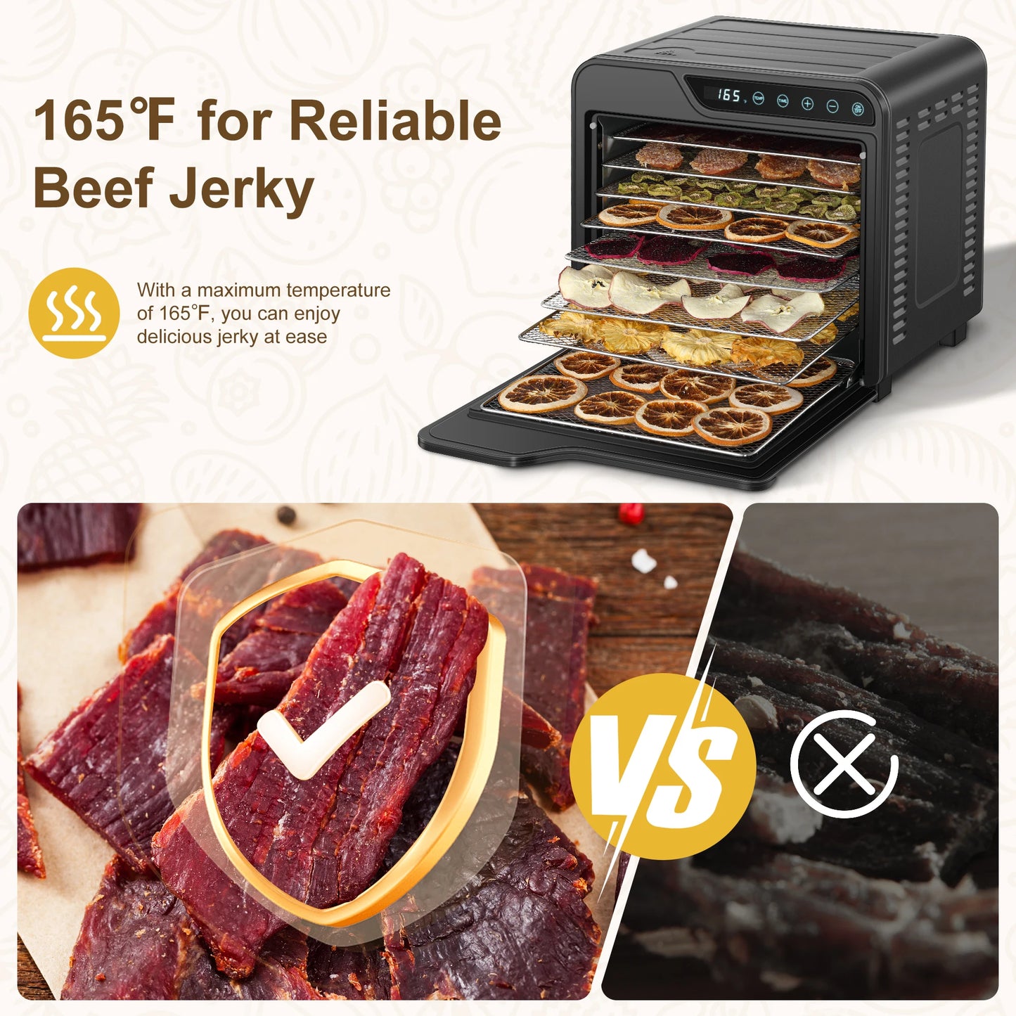 8-Tray Stainless Steel 625W, 165°F for Jerky/Fruit/Dog Treats, 50 Recipes, ≤48dB, Auto Shutoff, Dishwasher Safe Food Dehydrator