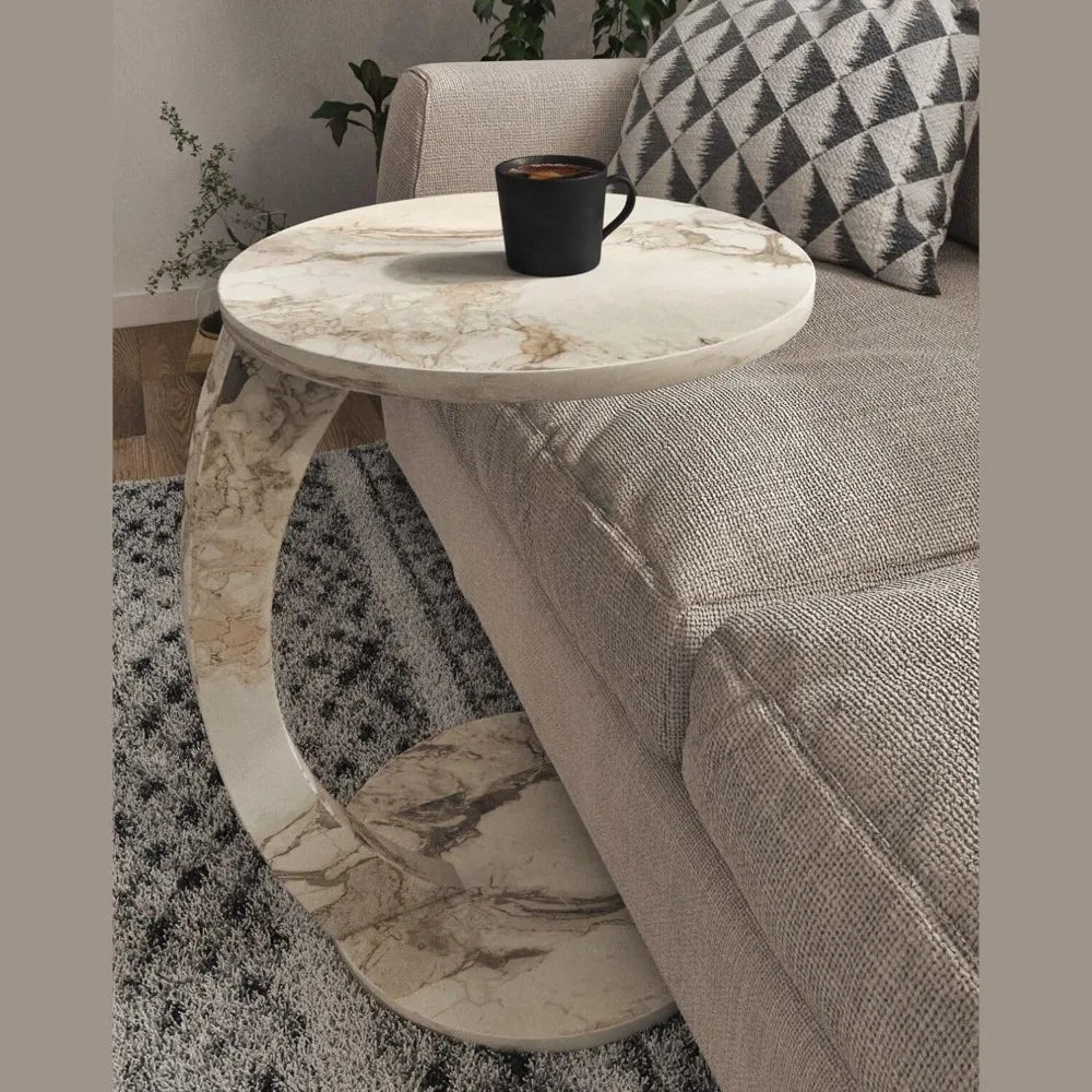 C Shaped End Table for Couch Small Places, Faux Marble White Space Saver Round Side Table for Sofa and Bedside with Wheels, Coff