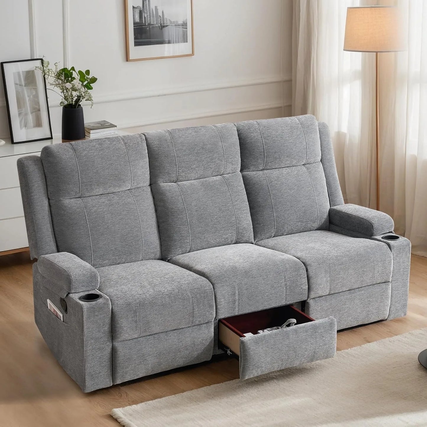 Manual Reclining Sofa with Storage Drawer, 3 Seat Wall Hugger Recliner Couch with Cup Holders, Side Pockets