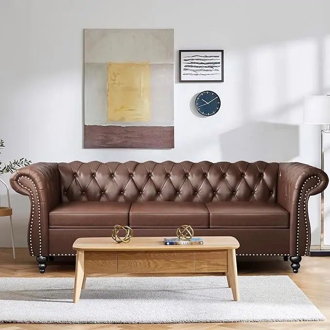 Home Sofa Living Room Furniture, 3 Seater Leather Upholstered Sofa Couch, Modern Comfy Couch with Faux Leather Cushions