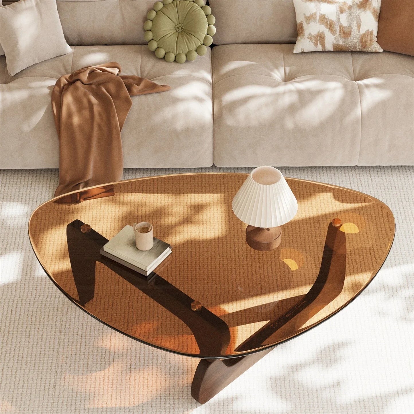 FATIVO Modern Irregular Center Table Living Room Accent Coffee Table Sofa Side Table with Amber-Tinted Tempered Glass Top