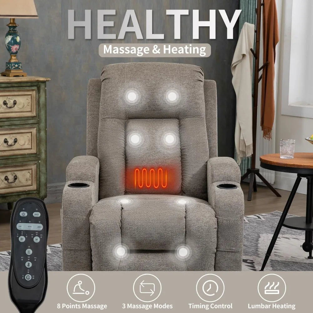 Power Lift Recliner Chair with Heat and Massage for Elderly, Electric Recliner Chairs with Standing Assistance, 2 Cup Holders