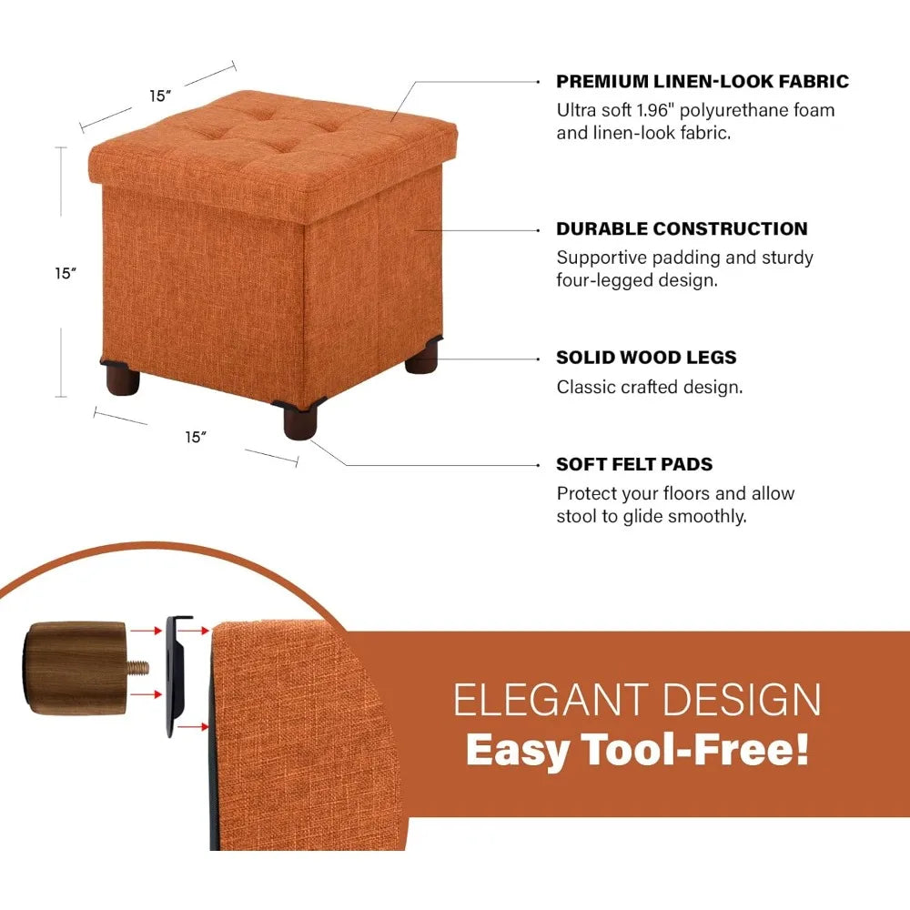 15 Inch Fabric Storage Ottoman with Wooden Legs - Foldable Cube Footrest Stool, Square Comfort Seat with Lid