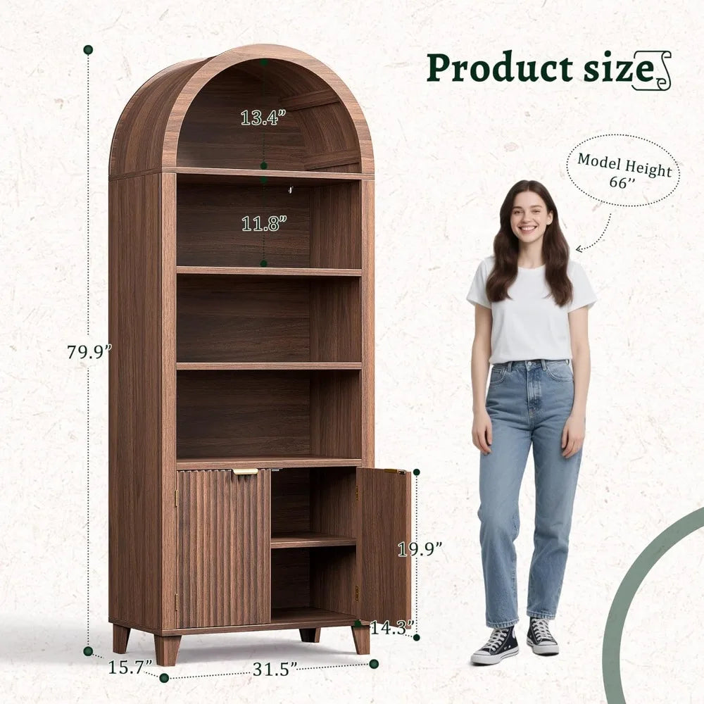 6-Tier Tall Arched Wooden Bookcase with Fluted Doors and Adjustable Shelves for Storage and Display