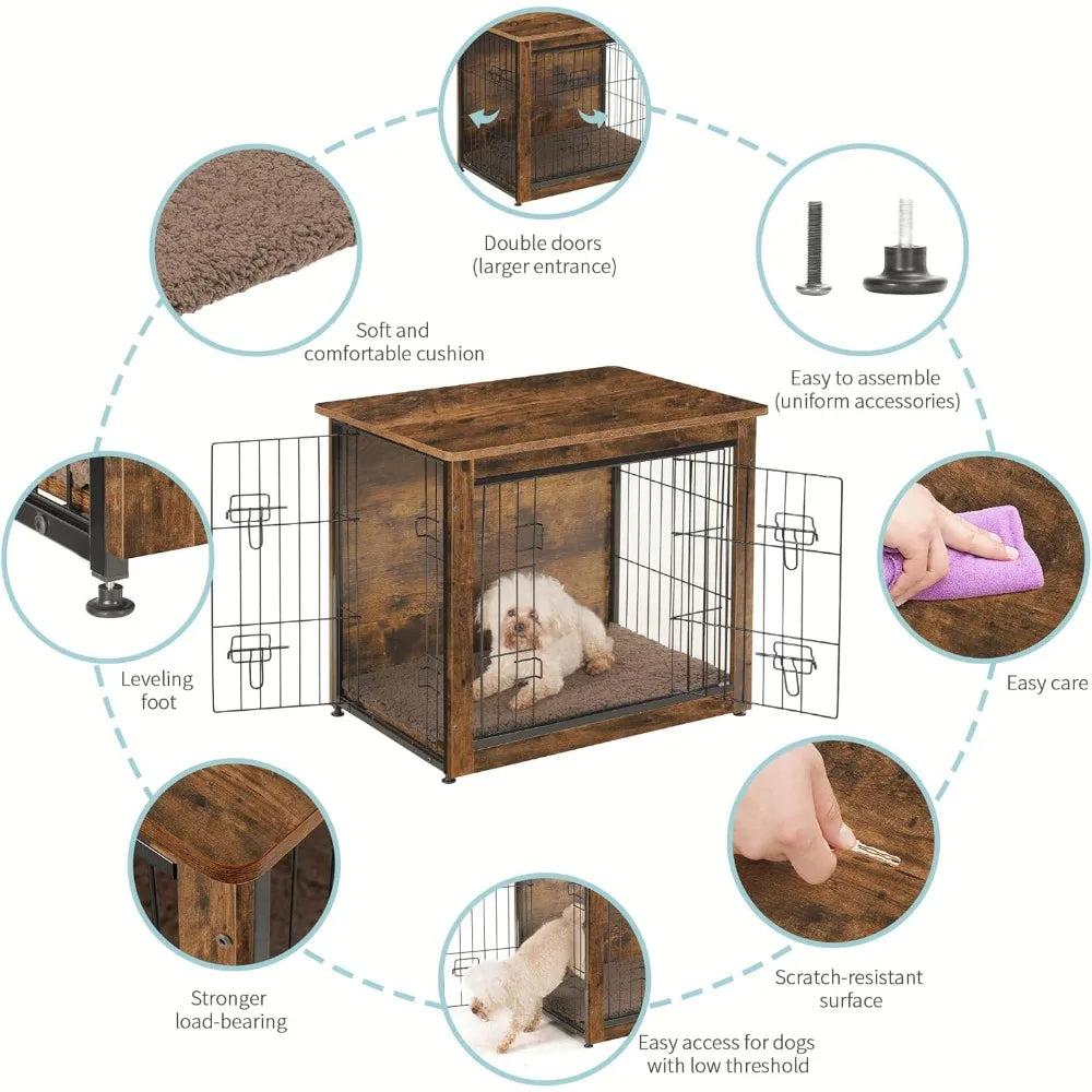 DWANTON Dog Crate Furniture with Cushion, Wooden Kennel Table with Double Doors, Indoor Dog House, Small/Medium/Large/Extra Larg
