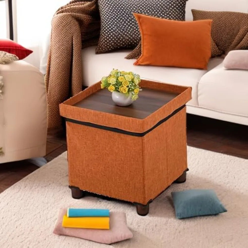 15 Inch Fabric Storage Ottoman with Wooden Legs - Foldable Cube Footrest Stool, Square Comfort Seat with Lid