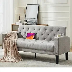 62" W Loveseat Sofa w/ 2 USB Charger Ports and 2 Cupholders, Mid-Century Modern Tufted Pink Velvet Small Love Seat Couches for