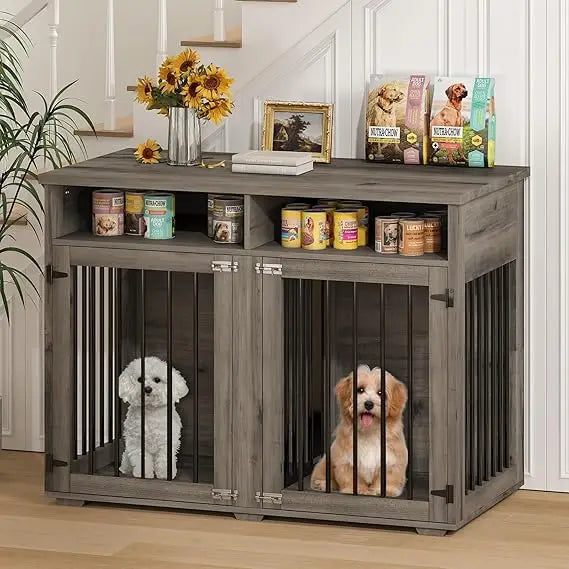 Furniture Dog Crate for 2 Dogs, 41 Inch Dog Kennel Furniture with Removable Divider and Shelf Storage, Wooden Dog Crate for Smal