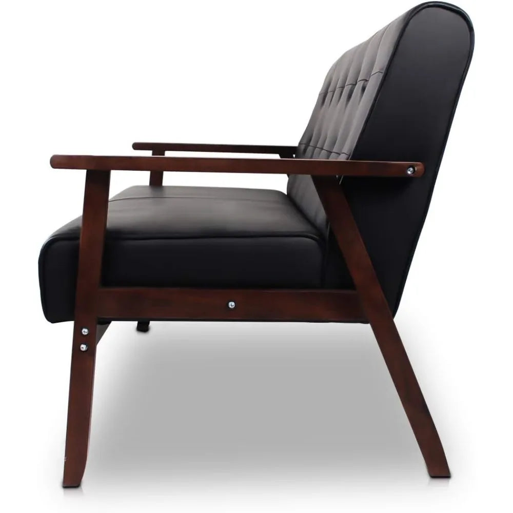 Mid-Century Modern Solid Loveseat Sofa Upholstered Faux Leather Couch 2-Seat Wood Armchair Living Room/Outdoor Lounge