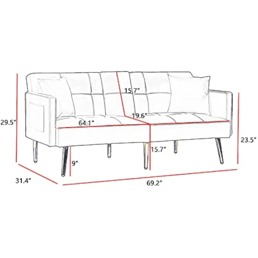 Futon Sofa Bed Modern Linen Fabric Couch Bed Loveseat Convertible Daybed with 2 Cup Holders and Removable Armrests