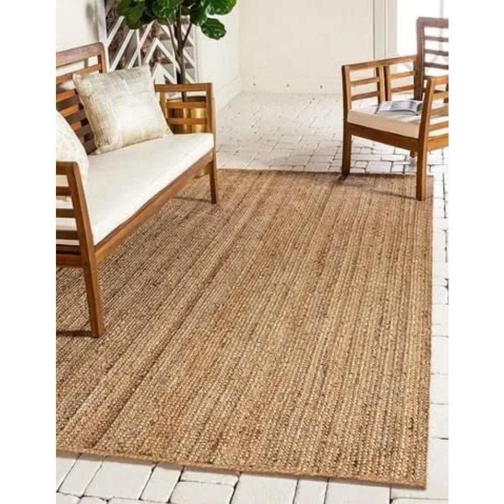 Handwoven Jute Area Rug - Feet Natural Yarn - Rustic Vintage Beige Braided Reversible Rectangular Rugs for Bedroom - Kitch